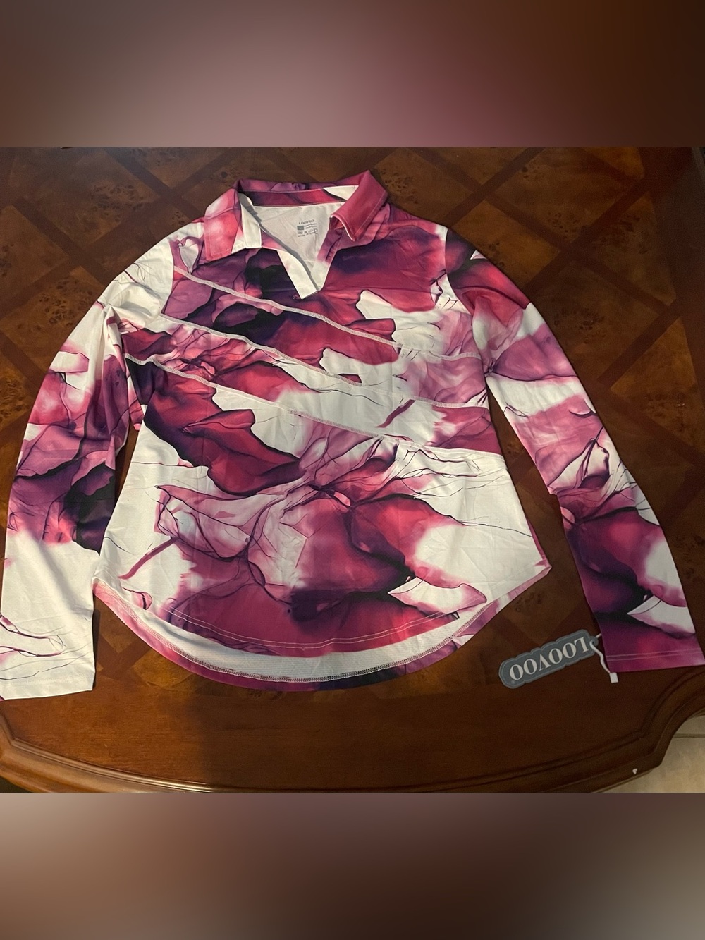 Pink Marble-Print Button-Down Long Sleeve Top